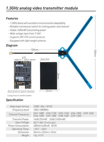 Відеопередавач VTX 1.2 - 1.3GHz 1.6W 9CH VTX-087 RushFPV DT1551UA фото