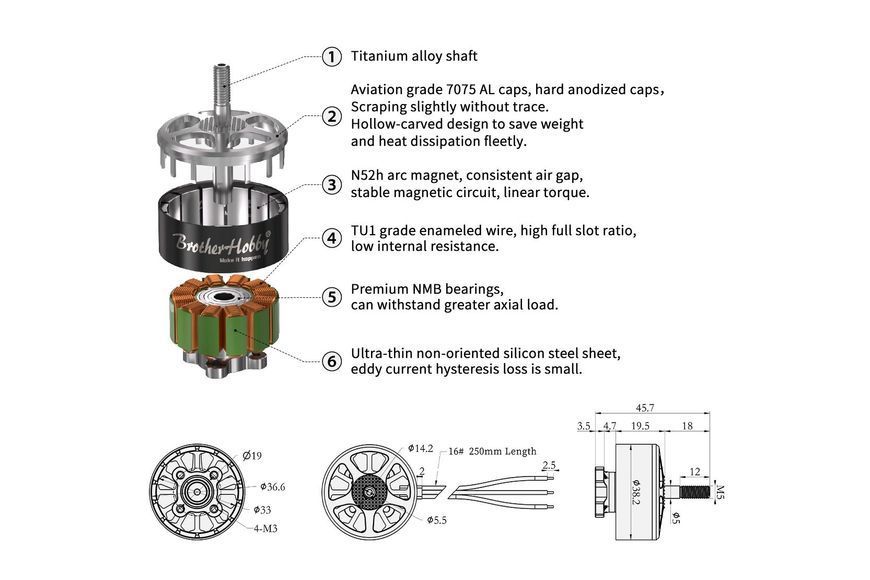 Мотор BrotherHobby Avenger V4 32.5x12 950KV DT1801UA фото