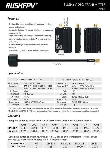 Відеопередавач VTX 3.3GHz 2W 8CH RHSH200 RushFPV DT1539UA фото