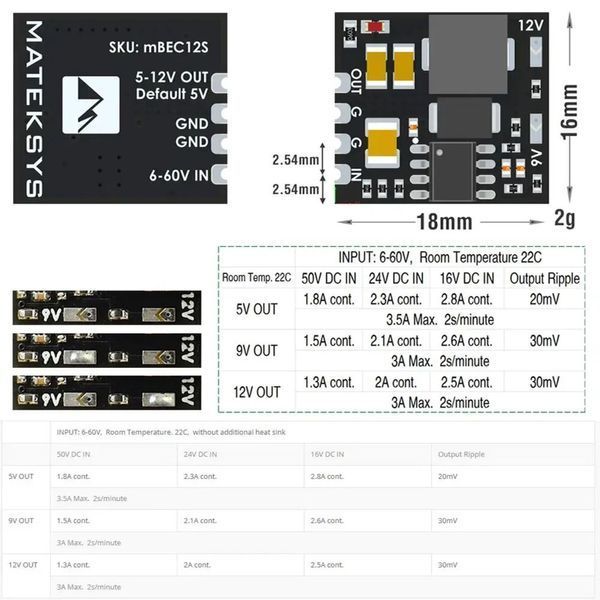 Регулятор живлення 6-60V - 5V9V12V Micro BEC 12S Matek DT3012UA фото