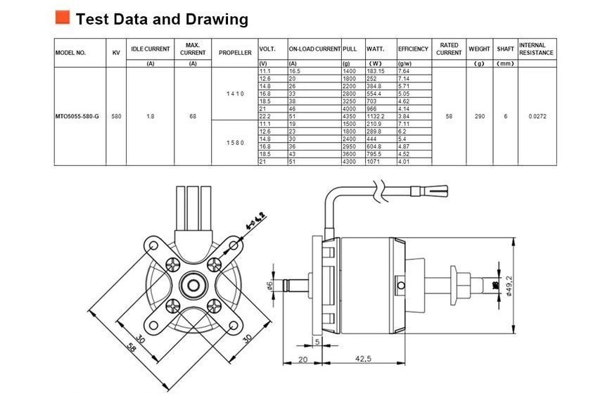 Мотор Maytech 5055 580KV 1776W 12S для літаків DT1812UA фото