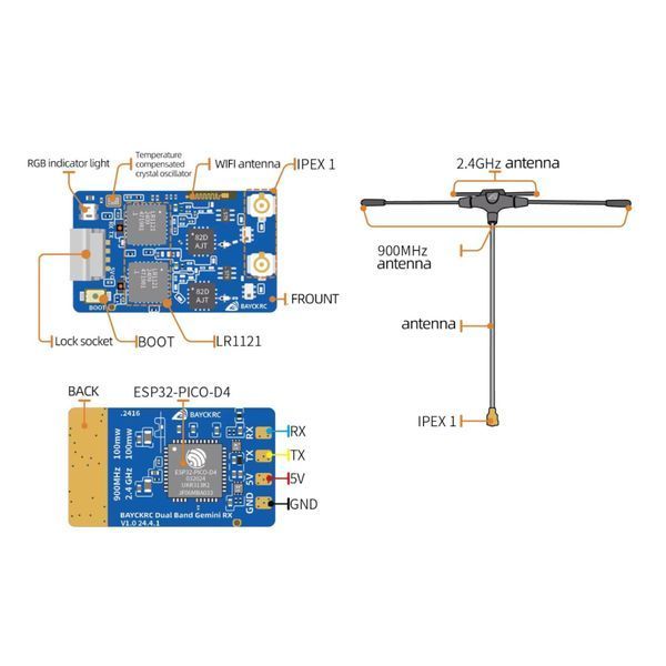 Приймач BAYCKRC 900МГц та 2.4ГГц ELRS Dual Band Gemini RX із 2 антенами для дрона 769 фото