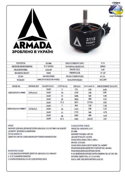 Мотор для квадрокоптерів ARMADA 3115 900KV 3-6S 1620 Вт (для FPV дронів 10") DT1723UA фото