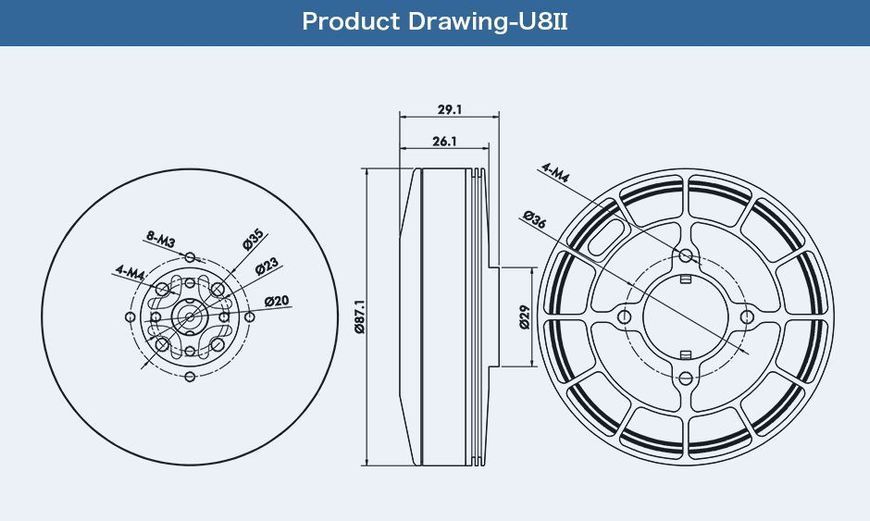 Мотор T-Motor U8 II KV85 12S 916W для мультикоптерів DT1780UA фото