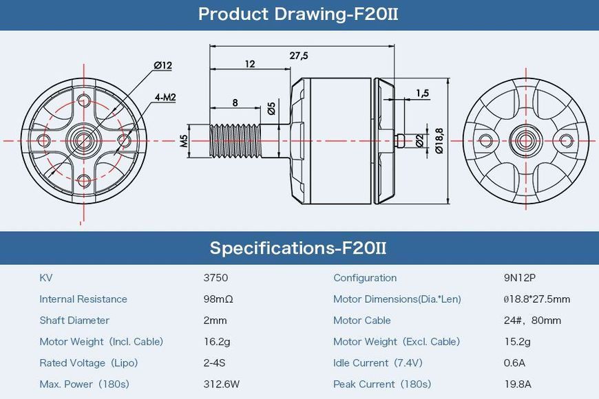 Мотор T-Motor F20 II 1408 3750KV 2-4S для мультикоптерів DT1784UA фото
